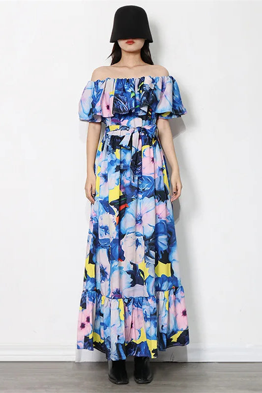 Vivien Çiçek Baskılı Düşük Omuzlu Uzun Elbise