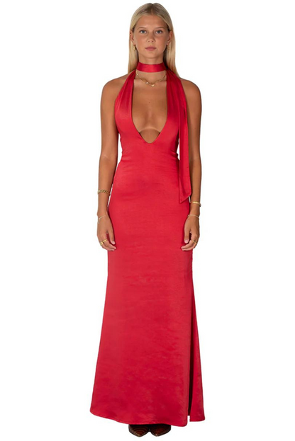 Karolina Saten Maksi - Kırmızı