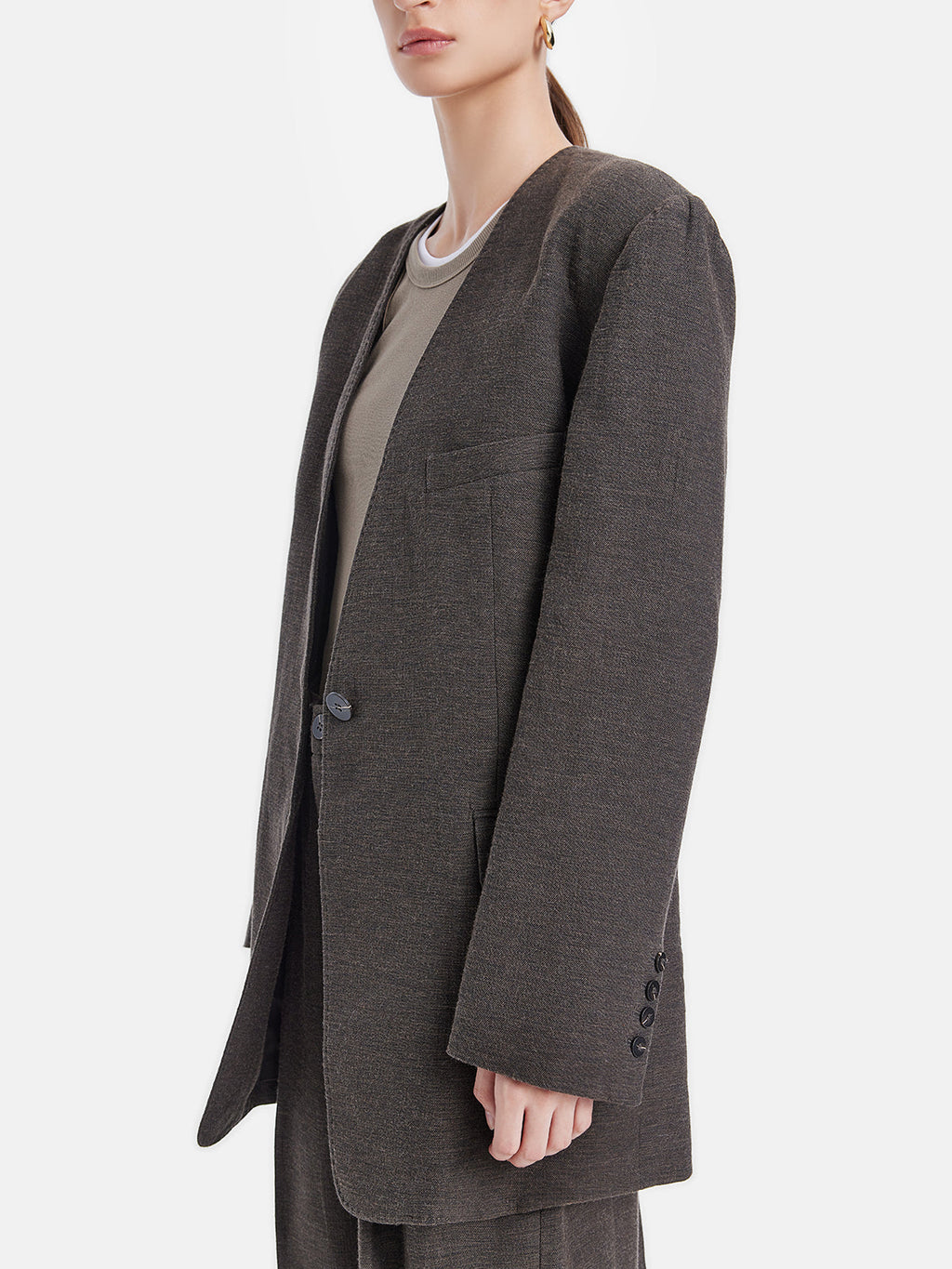 Dokulu Kuşaklı Yakasız Blazer