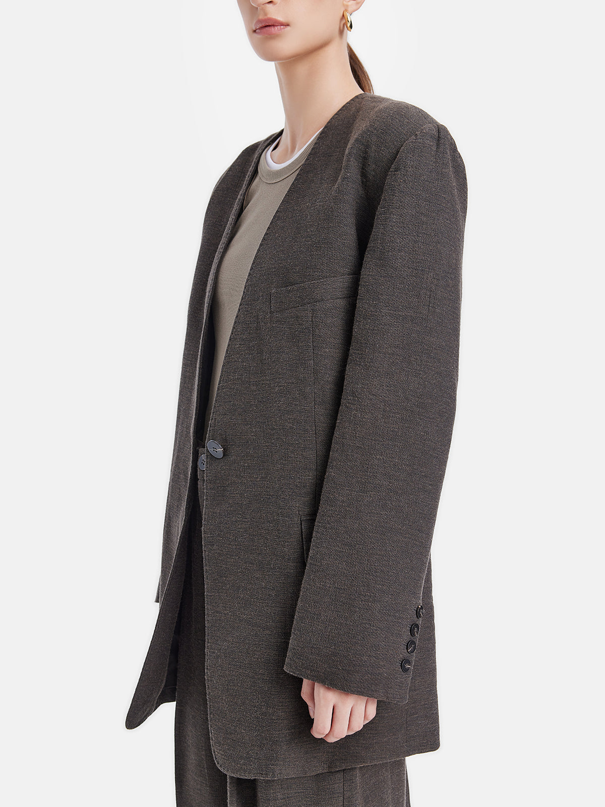 Dokulu Kuşaklı Yakasız Blazer