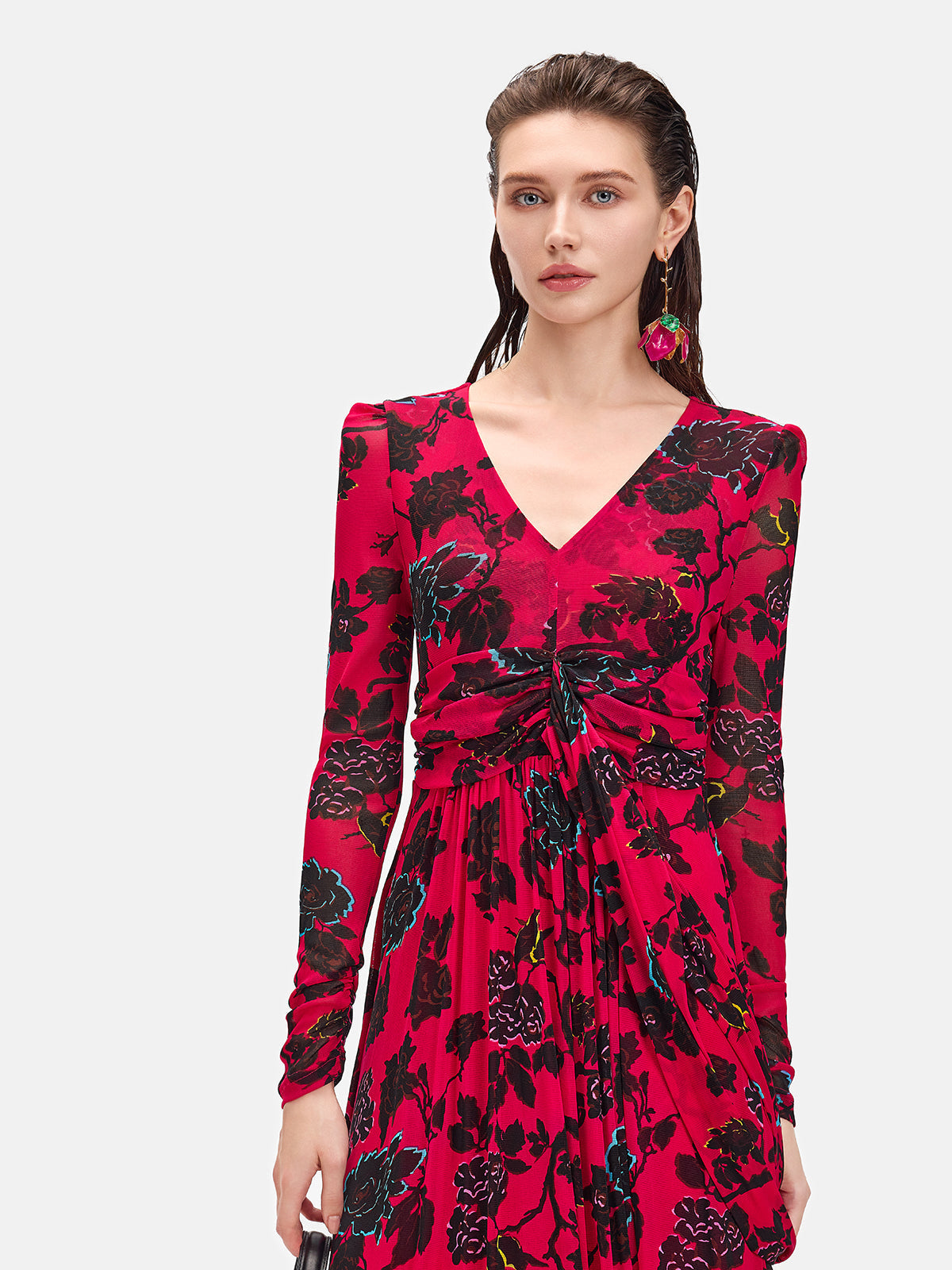 Kırmızı Uzun Kollu Çiçekli Maxi Elbise