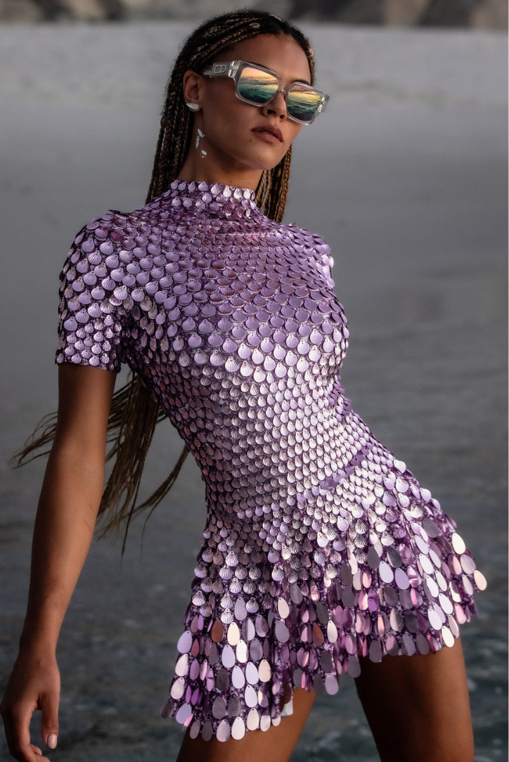 Kaia Yüksek Yaka Payet Mini Elbise