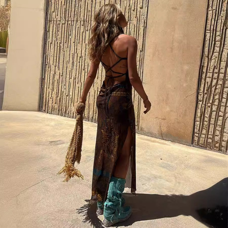 Baskılı Sırtı Açık Askılı Midi Elbise