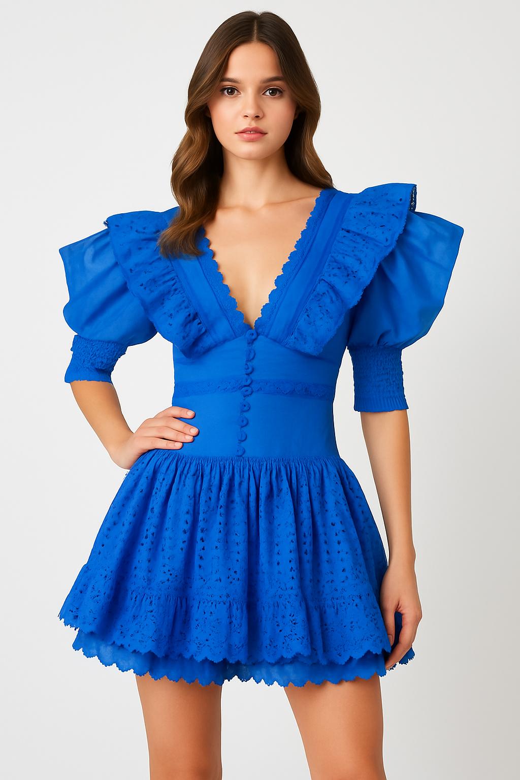 Éloïse Ruffle Derin Yaka Sırtı Açık Mini Elbise