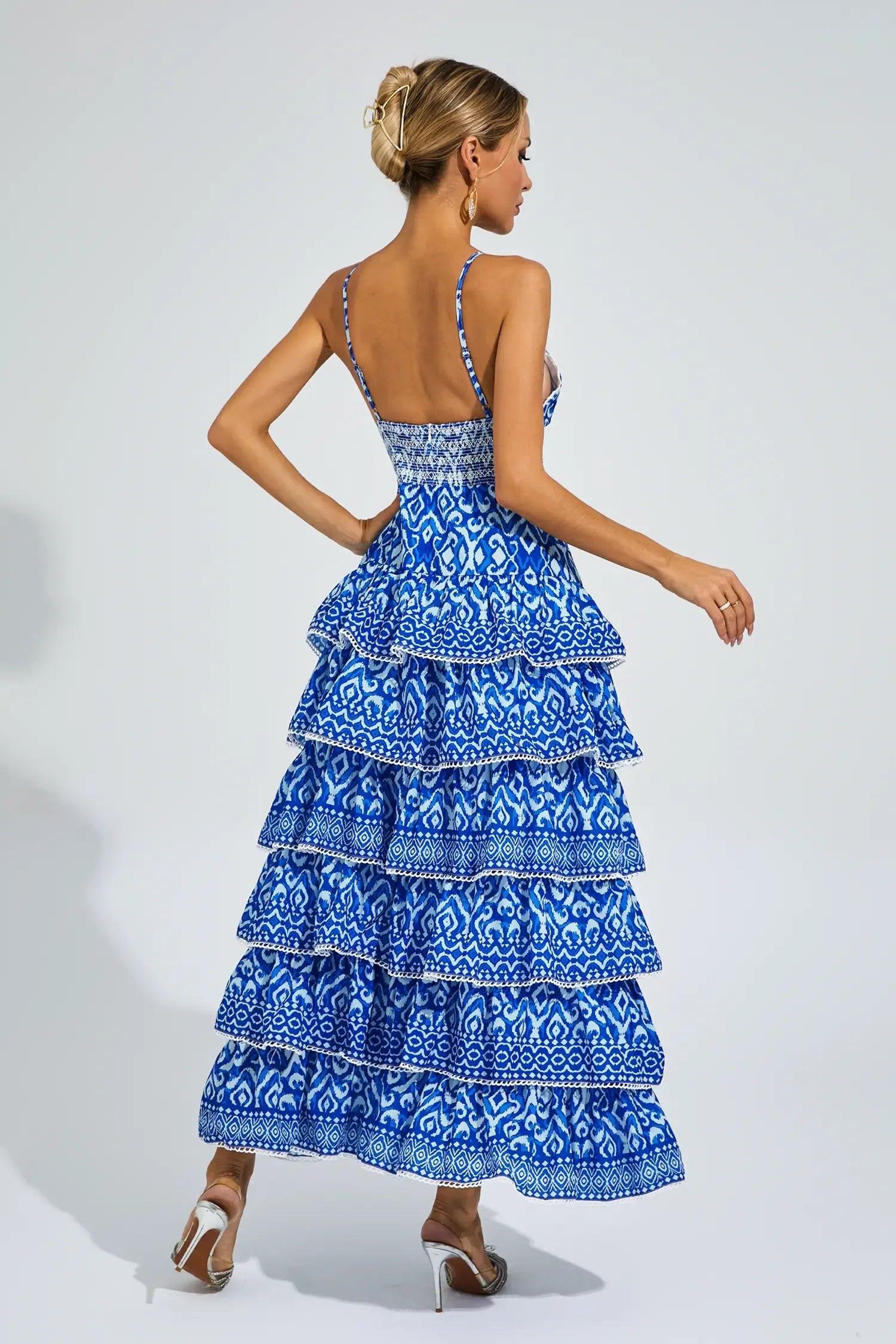 Adela Mavi Bohem Katlı Slip Maxi Elbise