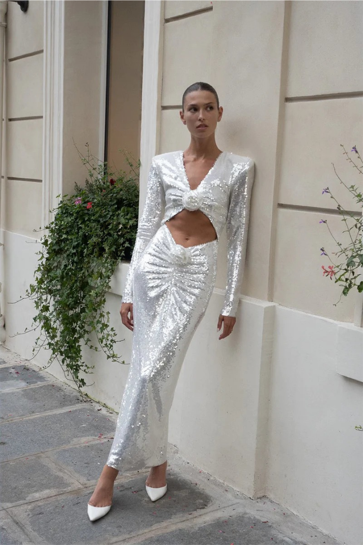 Violet Vatkalı Payetli Midi Elbise