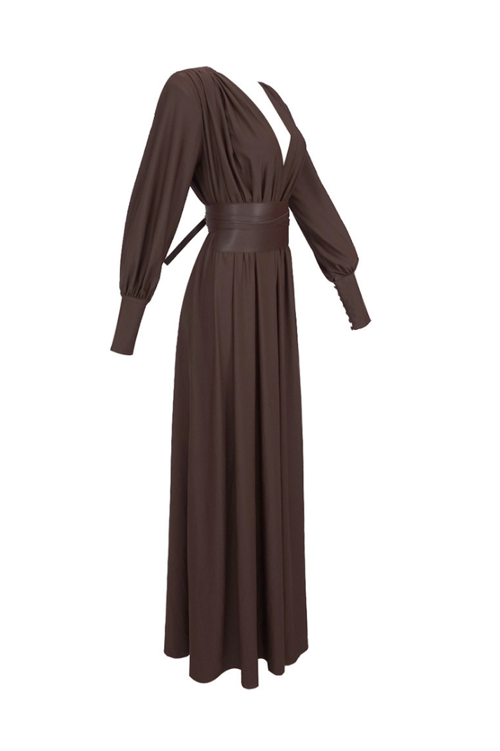 Ruby Deri Kemerli Vatkalı Uzun Elbise