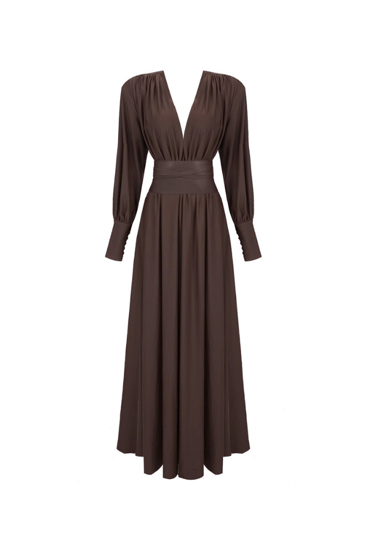 Ruby Deri Kemerli Vatkalı Uzun Elbise