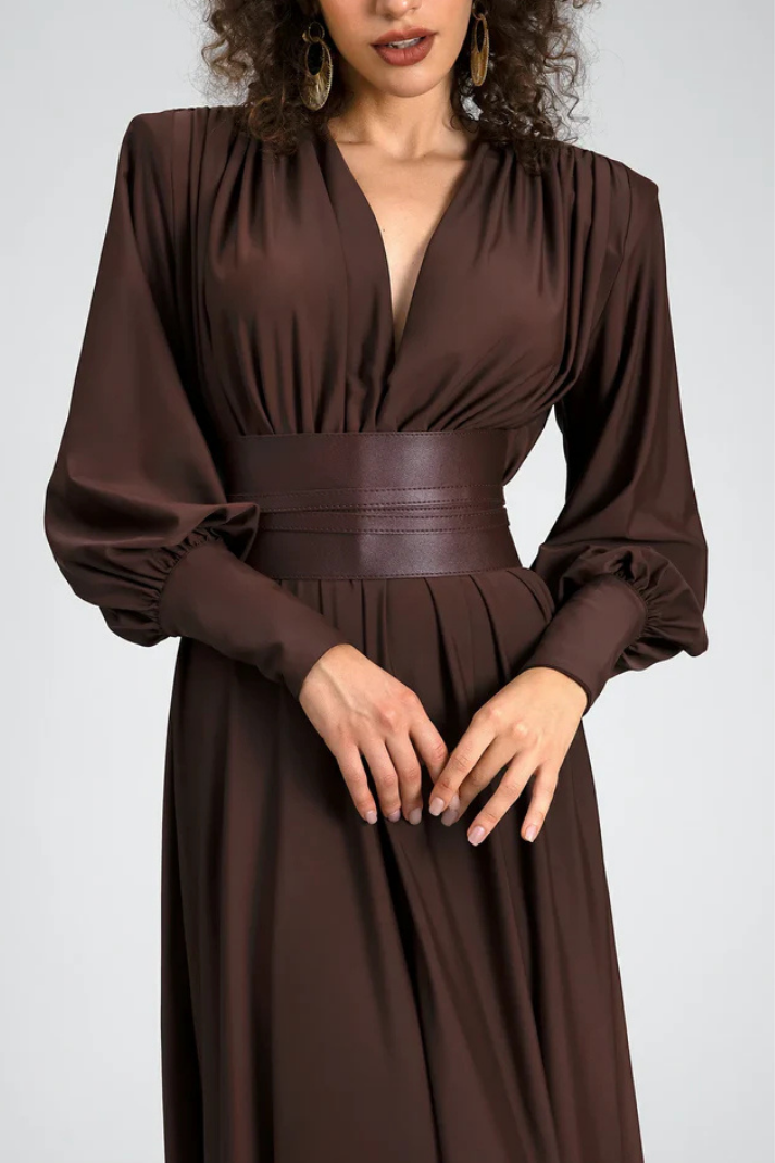 Ruby Deri Kemerli Vatkalı Uzun Elbise