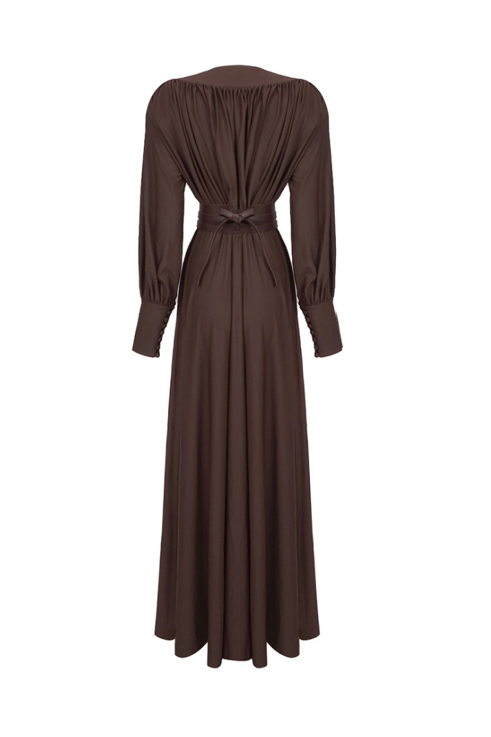 Ruby Deri Kemerli Vatkalı Uzun Elbise