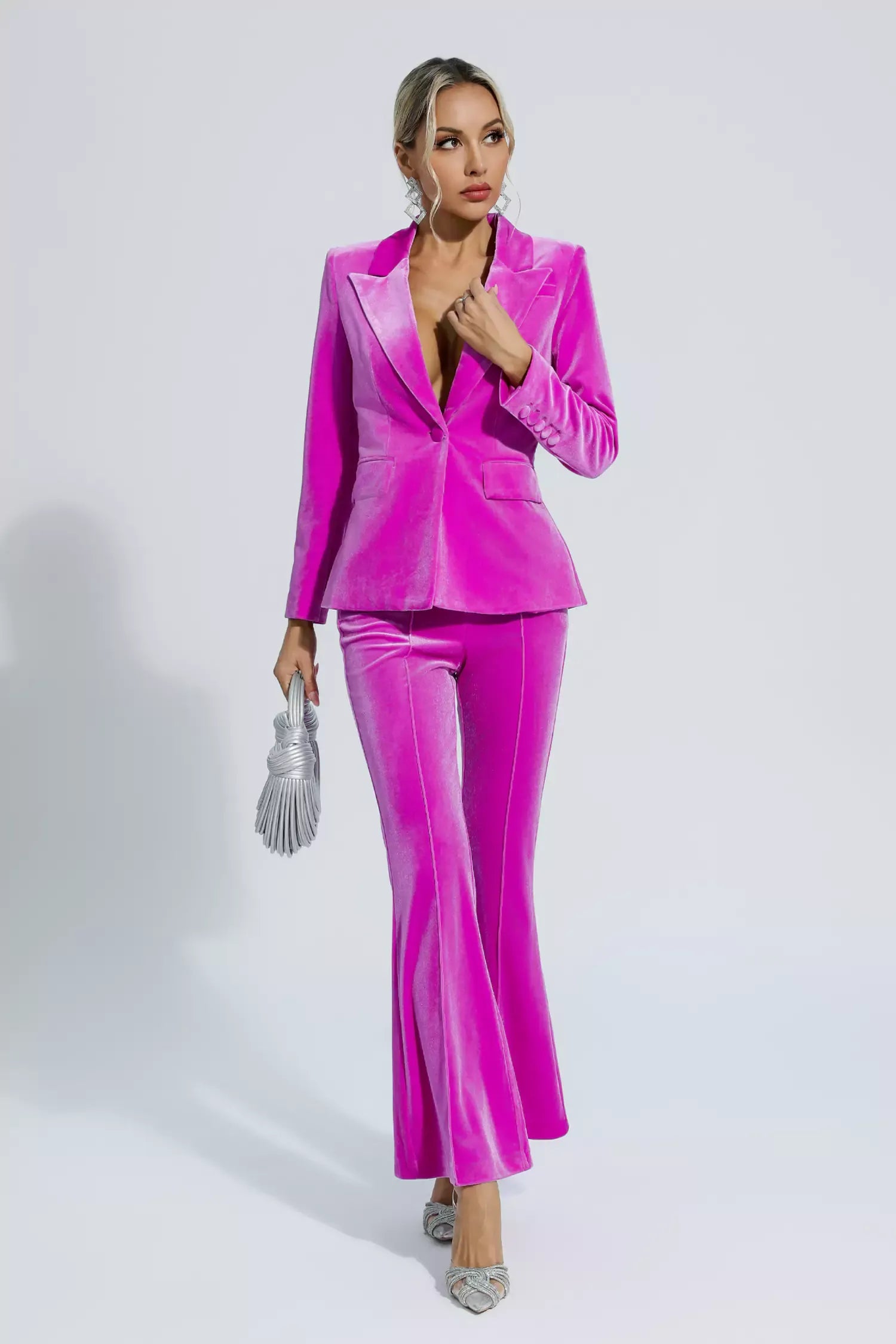 Aleena Macenta Kadife Blazer Takım