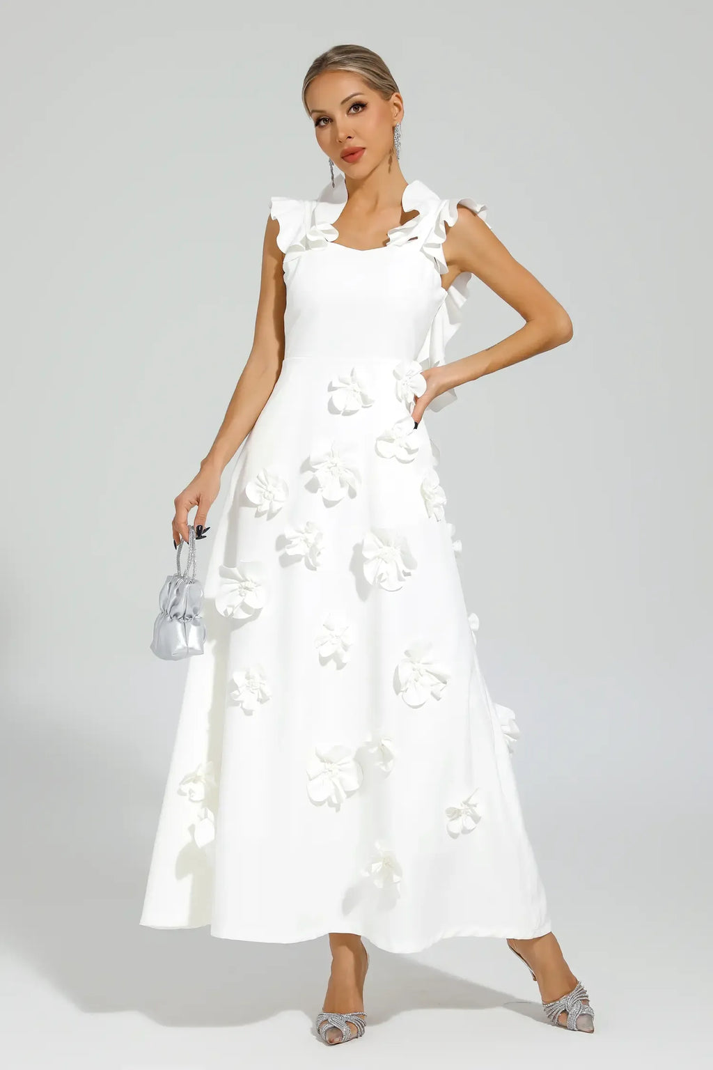 Ansel Beyaz Çiçek Slip Uzun Elbise