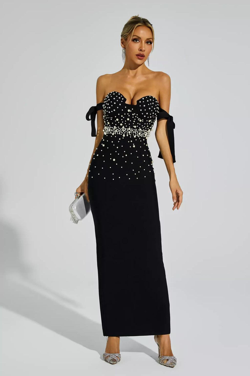 Antony Siyah İnci İşlemeli Bandaj Maxi Elbise