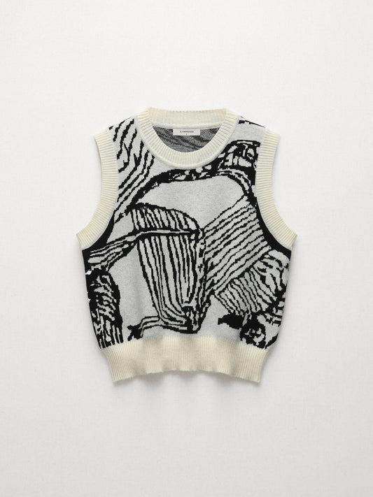 Kontrast Trim Çiçekli Kazak Yelek