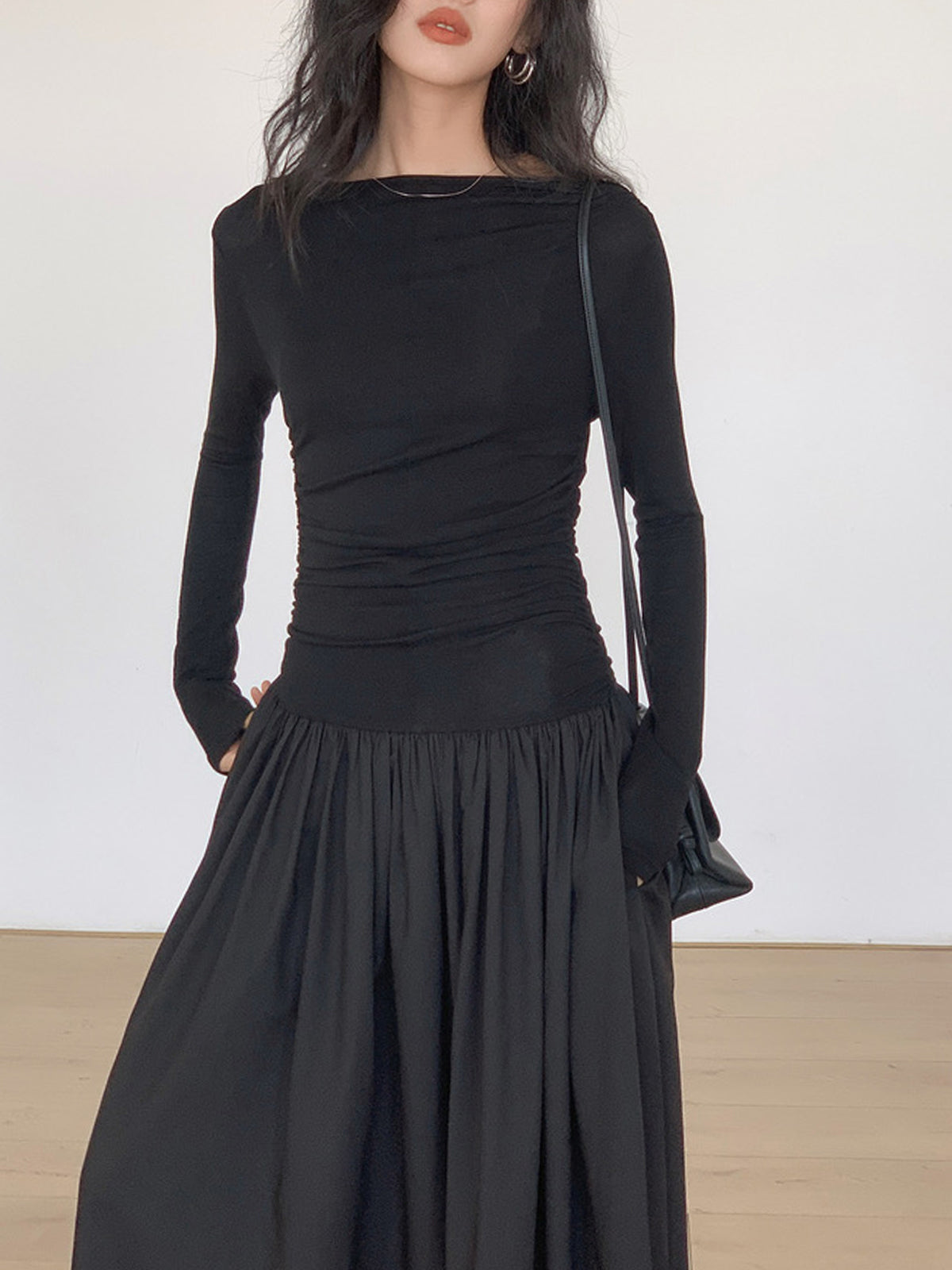 Pileli Patchwork Örme Uzun Kollu Midi Elbise