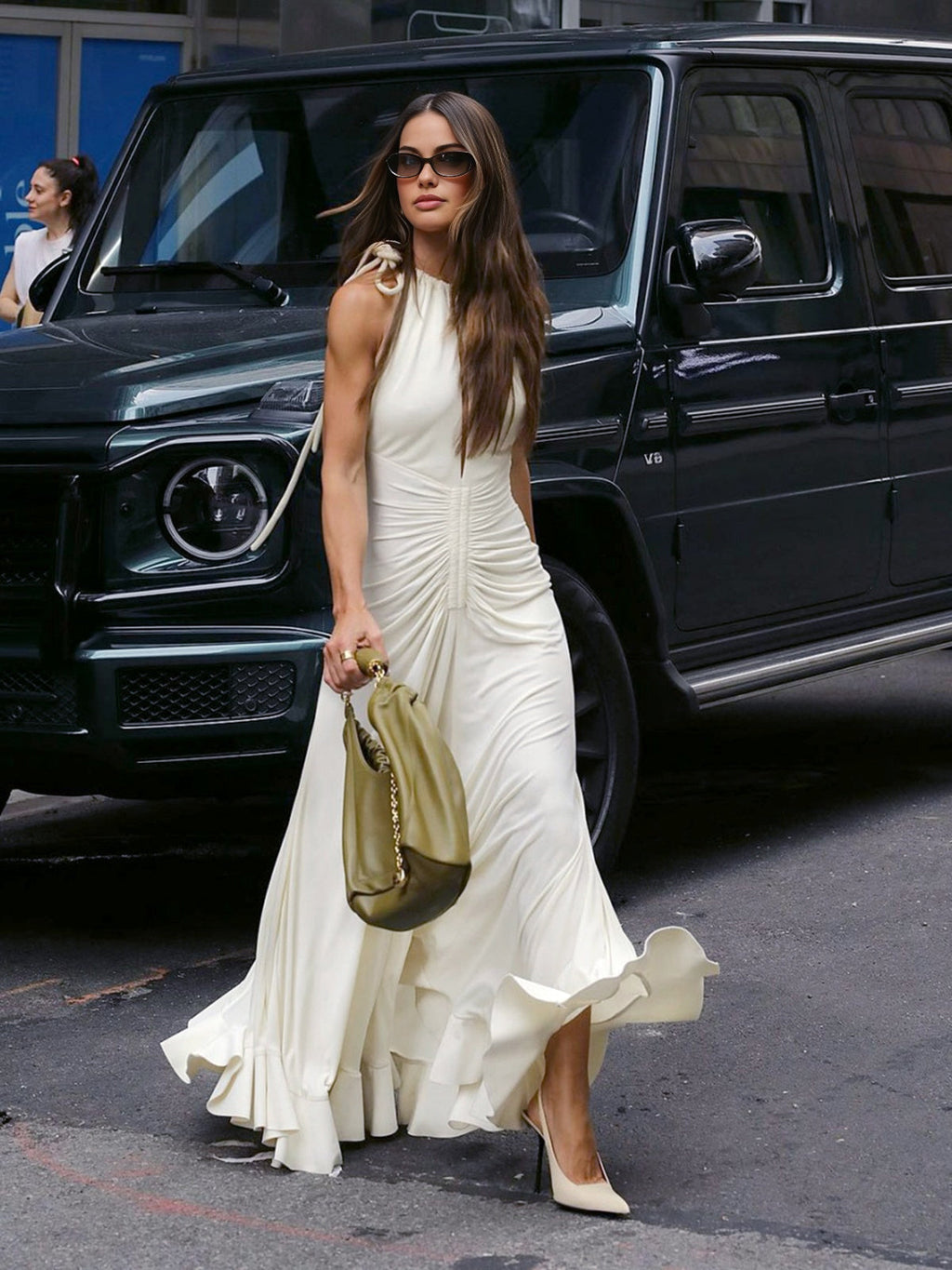 Bağcıklı Pileli Askılı Uzun Elbise