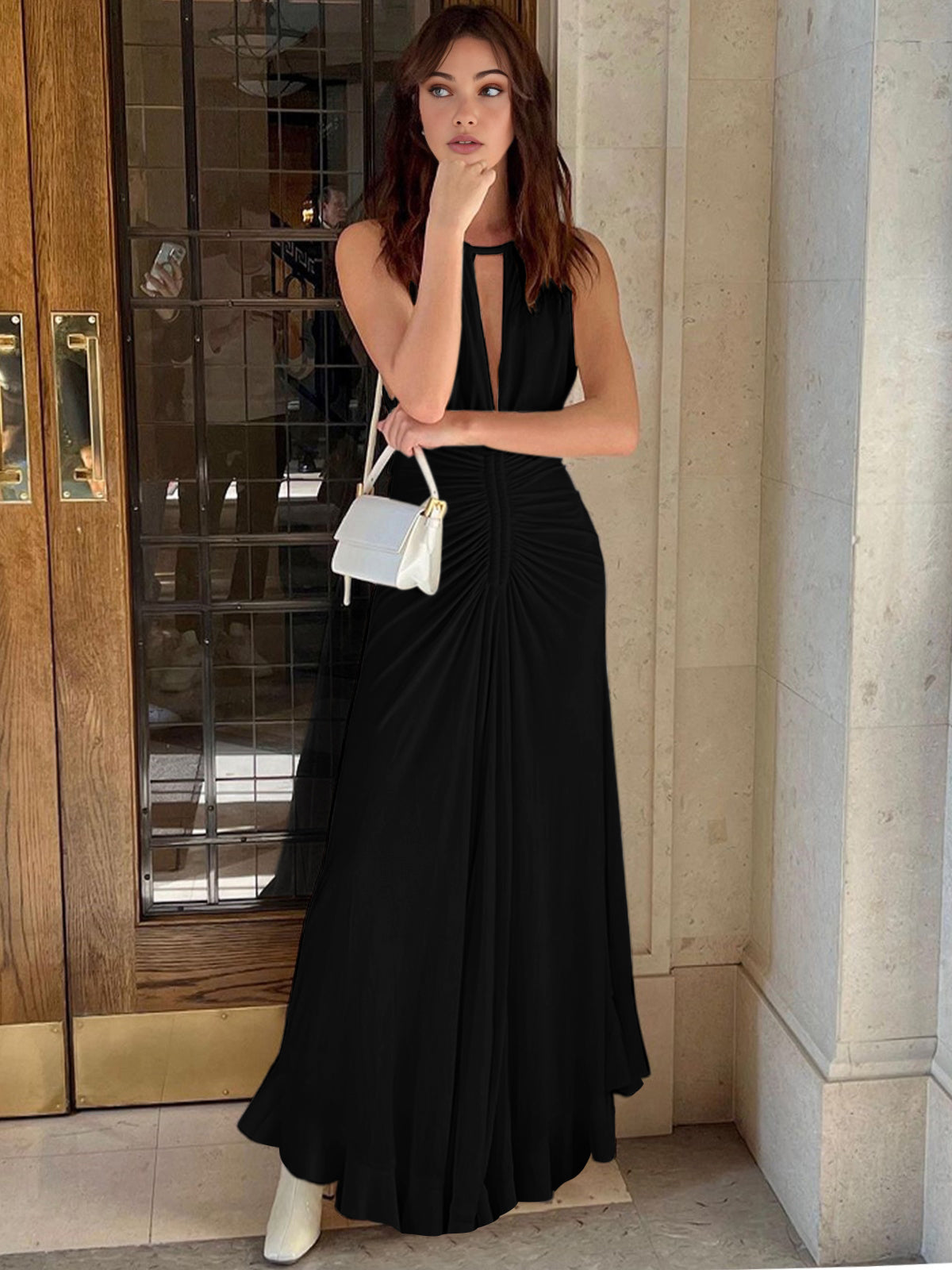 Bağcıklı Pileli Askılı Uzun Elbise