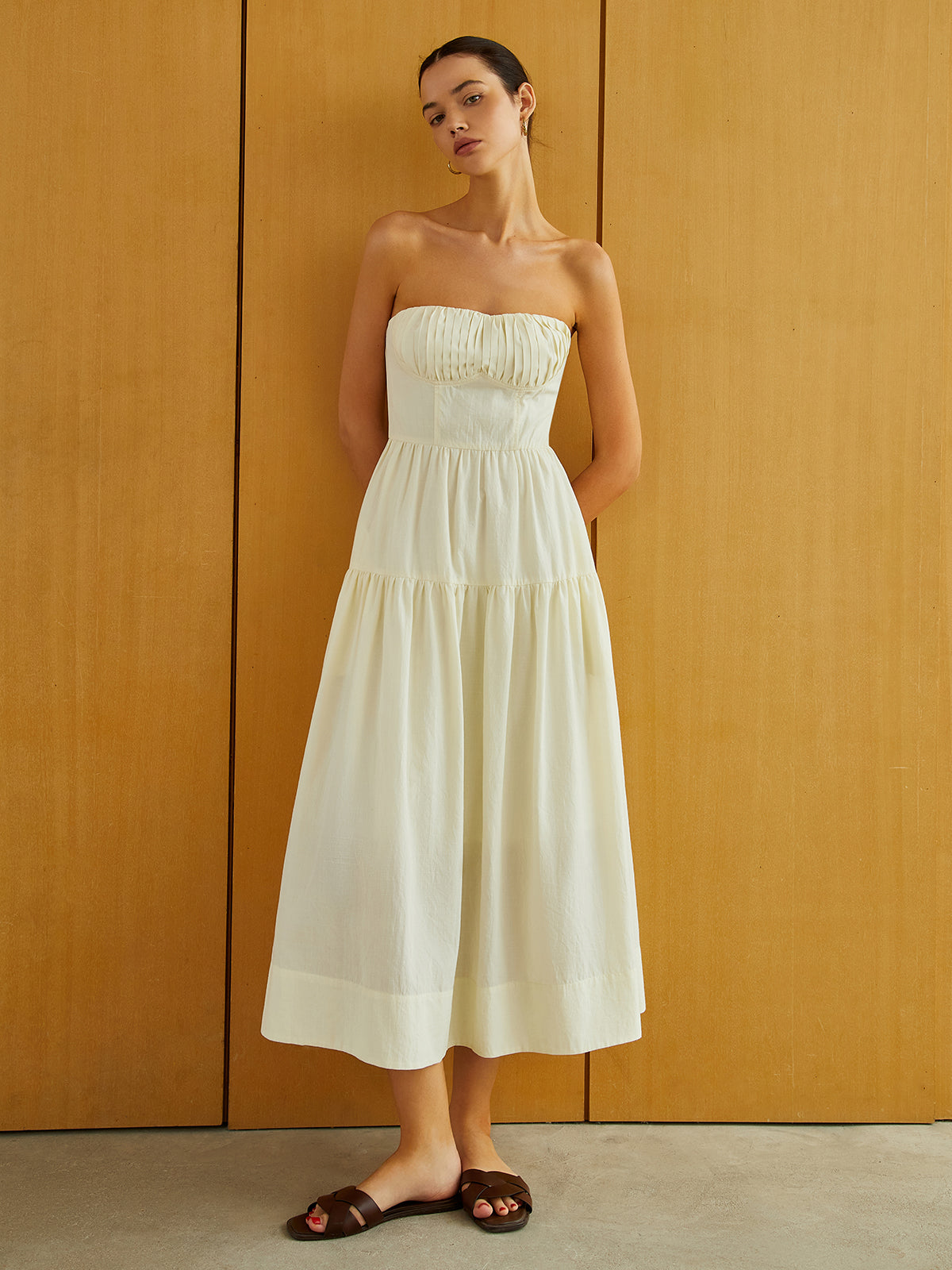 Krem Fermuarlı Pileli Midi Elbise