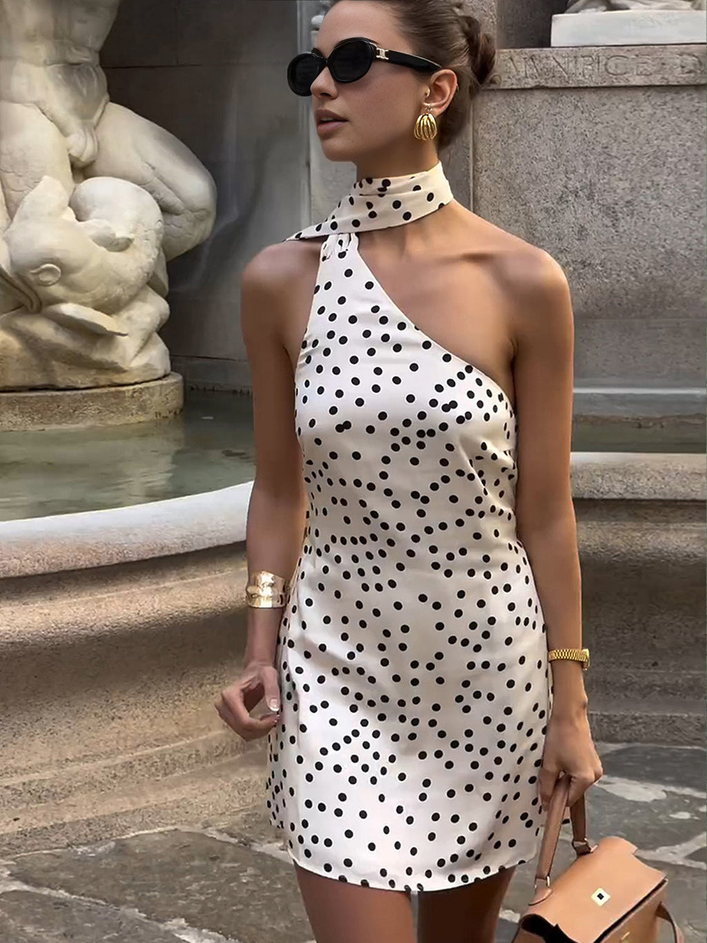 Saten Polka Dot Asimetrik Elbise