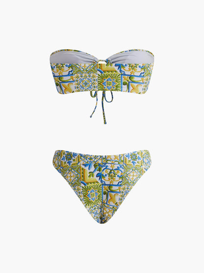 Straplez Baskılı Düğümlü Bikini Takımı