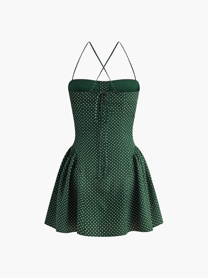 Pliseli Polka Dot Kolsuz Elbise