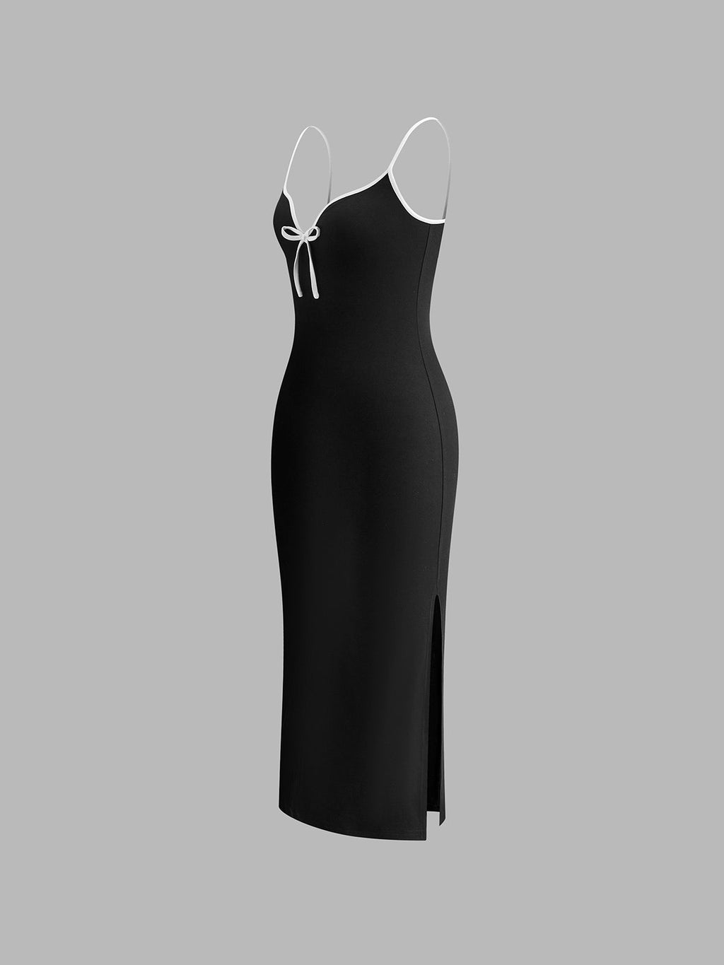 Kaburga Kontrast Fiyonklu Askılı Uzun Elbise