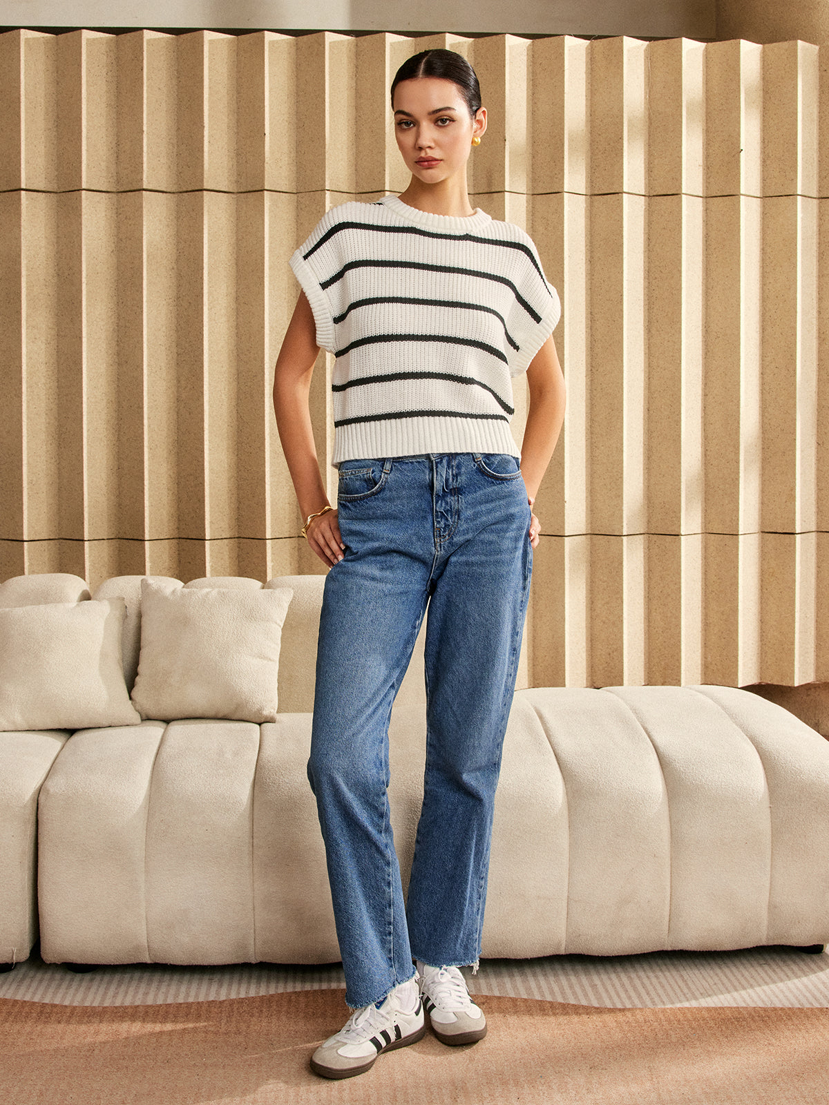 Büyük Boy Çizgili Kısa Kollu Kazak