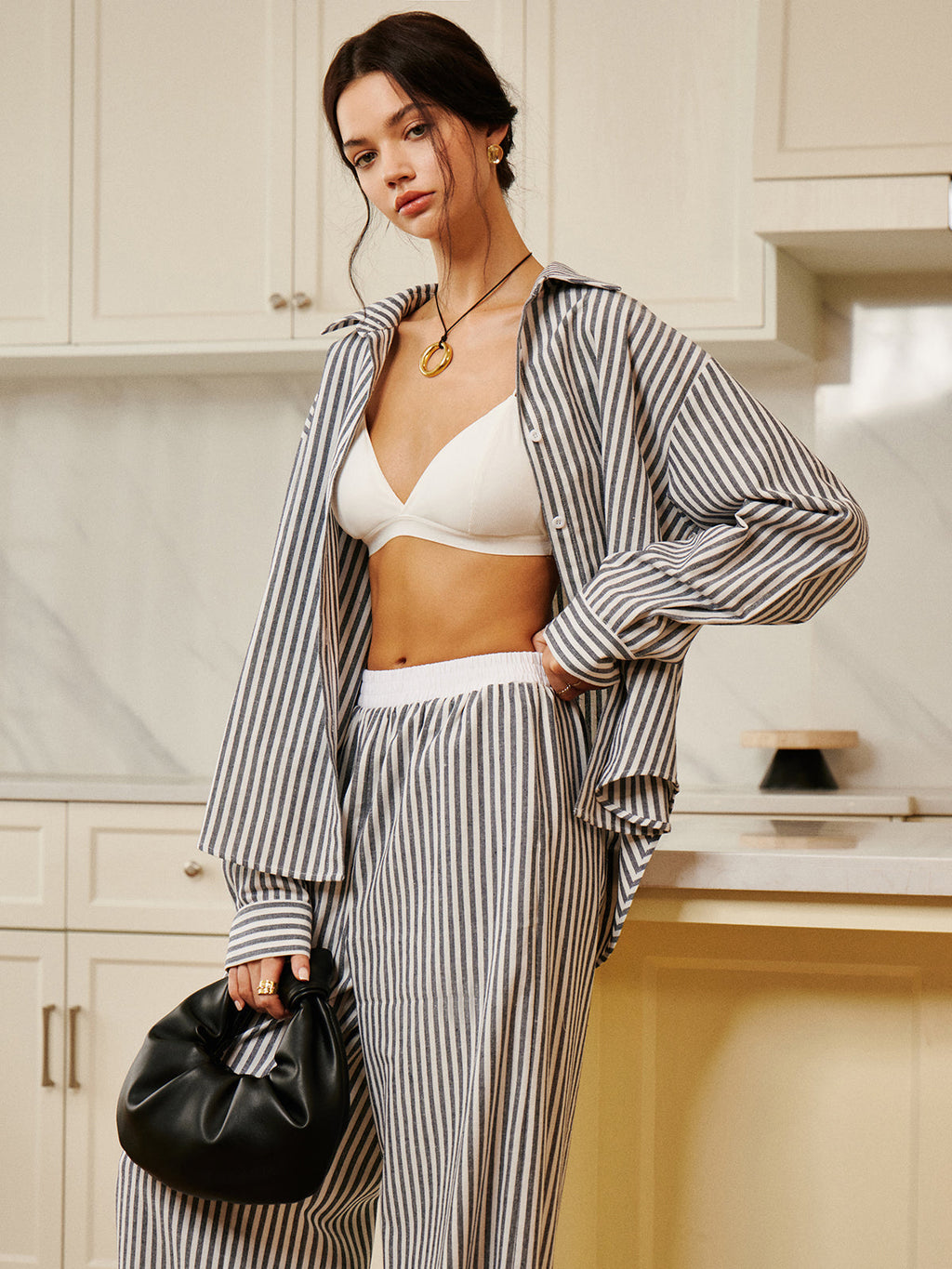 Pamuk Ve Keten Çizgili Bol Gömlek