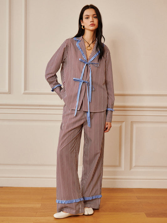 Pinstripe Volanlı Ön Bağlamalı Gömlek