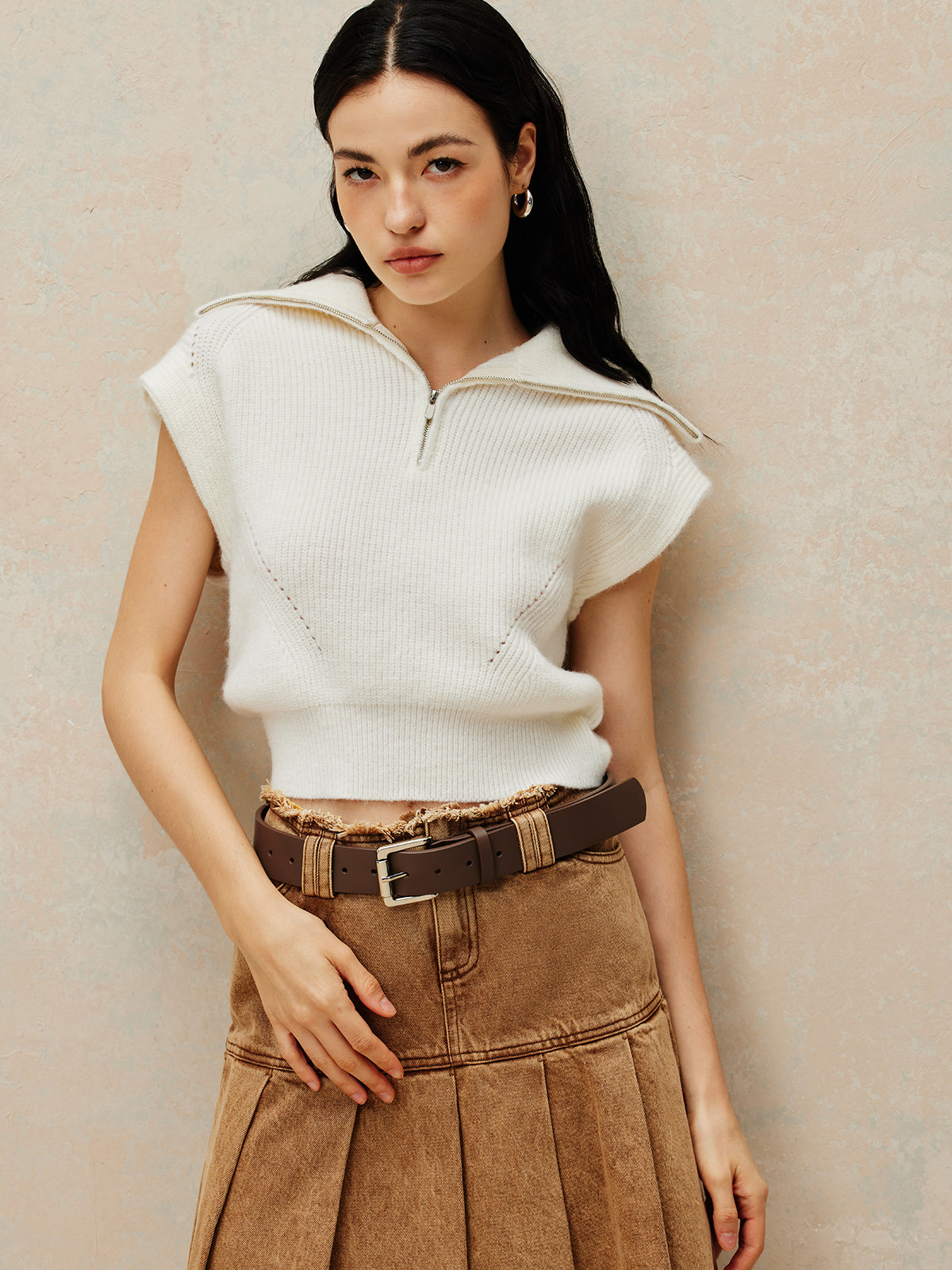 Kaburga Yaka Fermuarlı Kazak Yelek