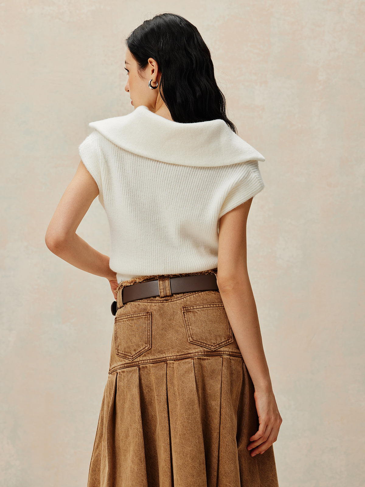 Kaburga Yaka Fermuarlı Kazak Yelek