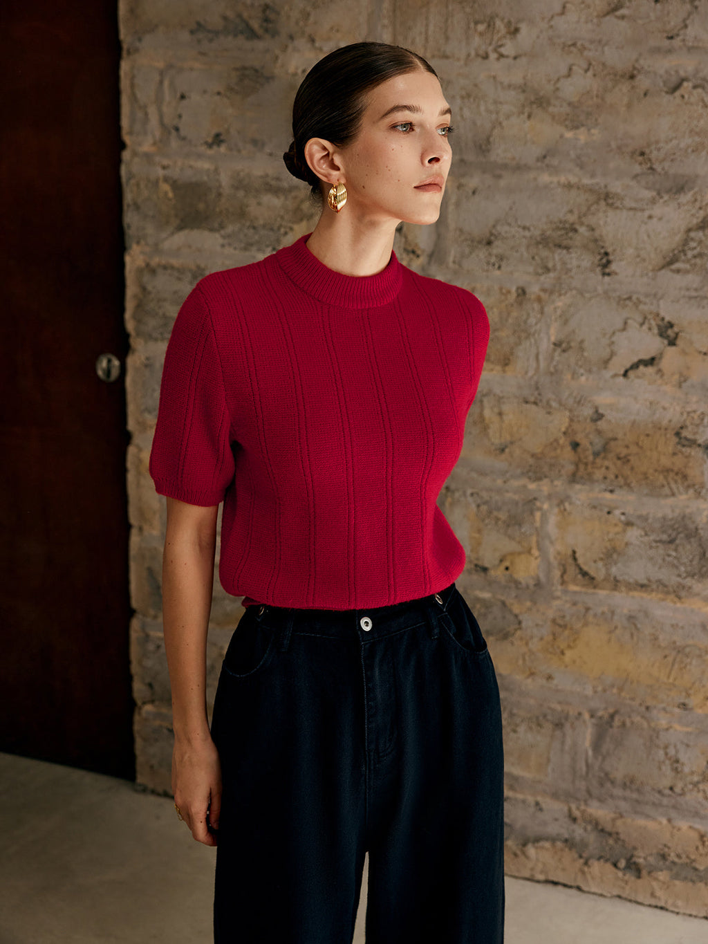 Retro Düz Yivli Örgü Üst