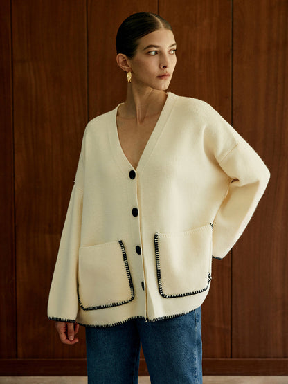 Kontrast Trim Cepli Kardigan