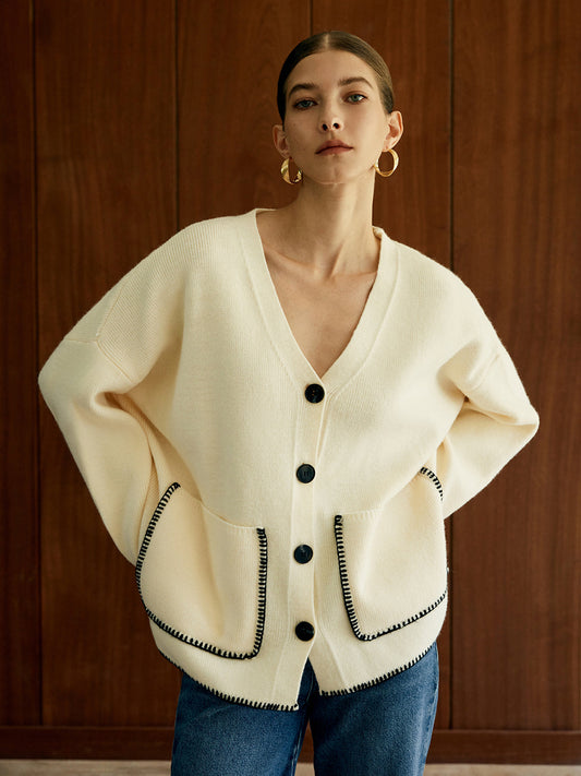 Kontrast Trim Cepli Kardigan