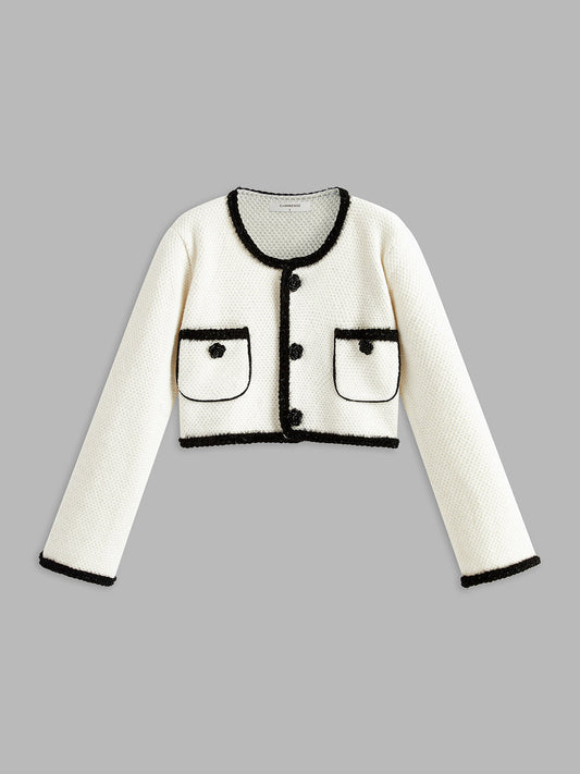 Kontrast Kenarlı Çiçek Dekorlu Hırka