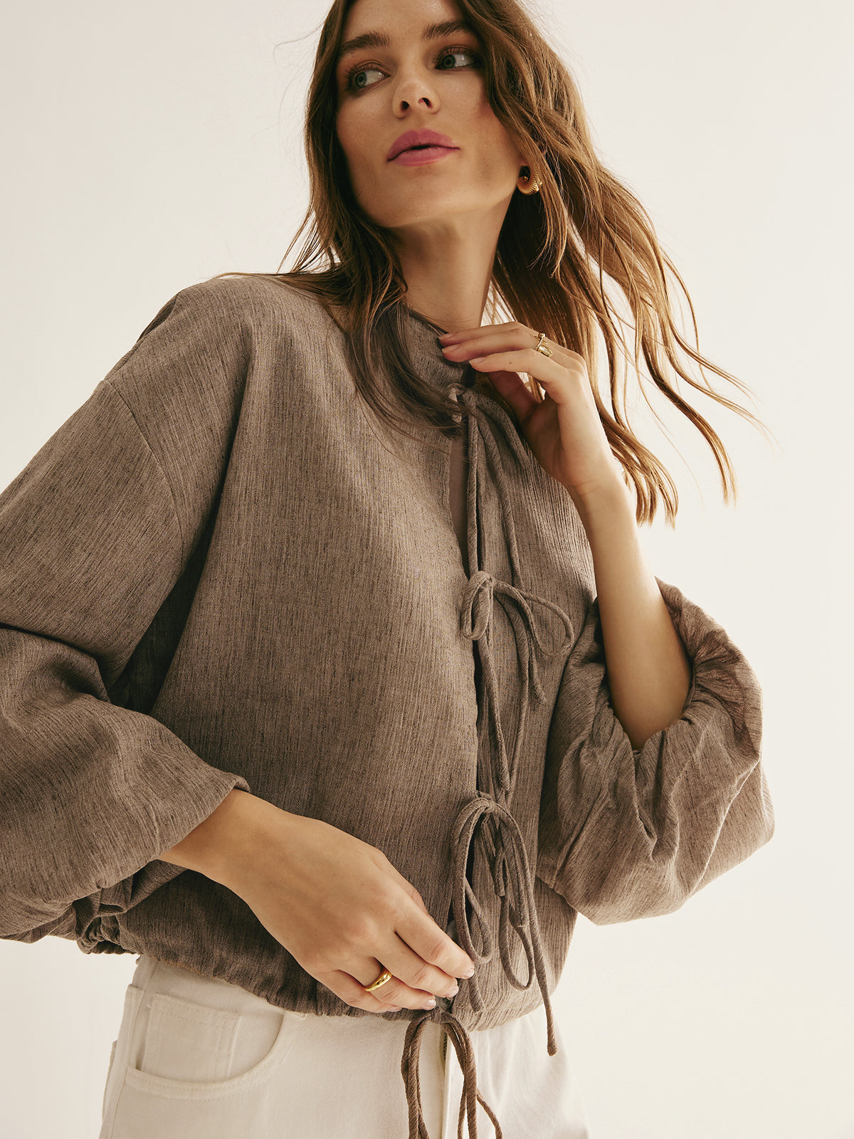 Retro İpli Bağlama Bol Bluz