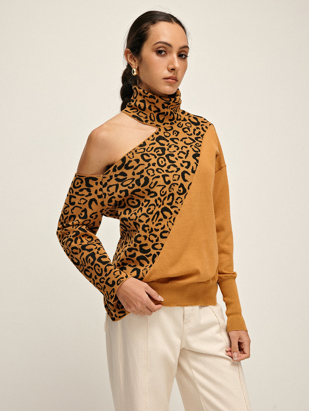 Turtleneck Kesik Leopar Patchwork Örgü Üst