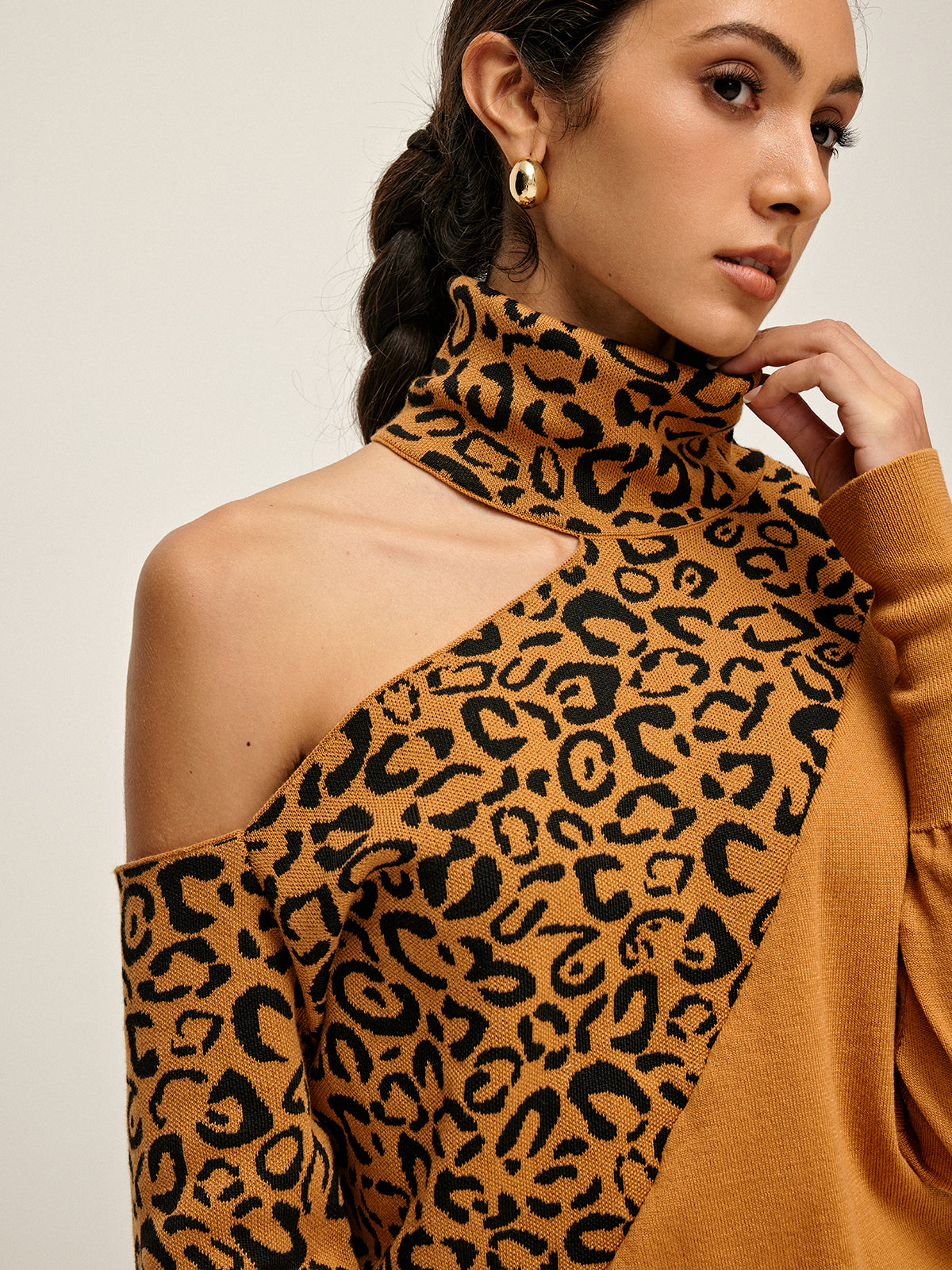 Turtleneck Kesik Leopar Patchwork Örgü Üst