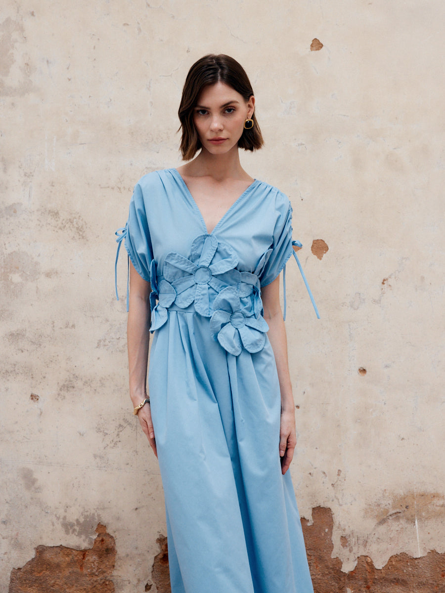 Çiçekli Bağcıklı V Yaka Uzun Elbise