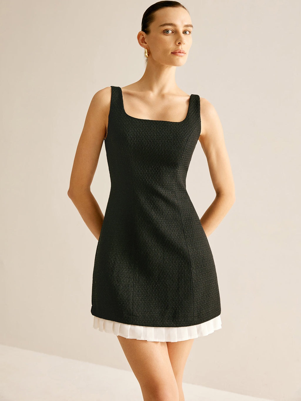 Pliseli Tweed Tank Kısa Elbise