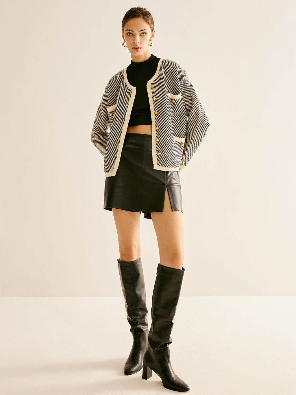 Kontrast Trim Cepli Örme Dış Giyim