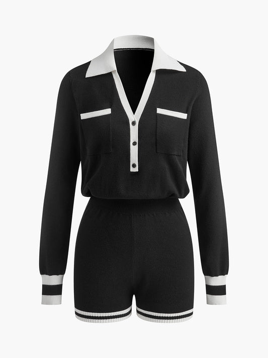 Kontrast Bağlamalı V Yaka Örgü Tulumlar