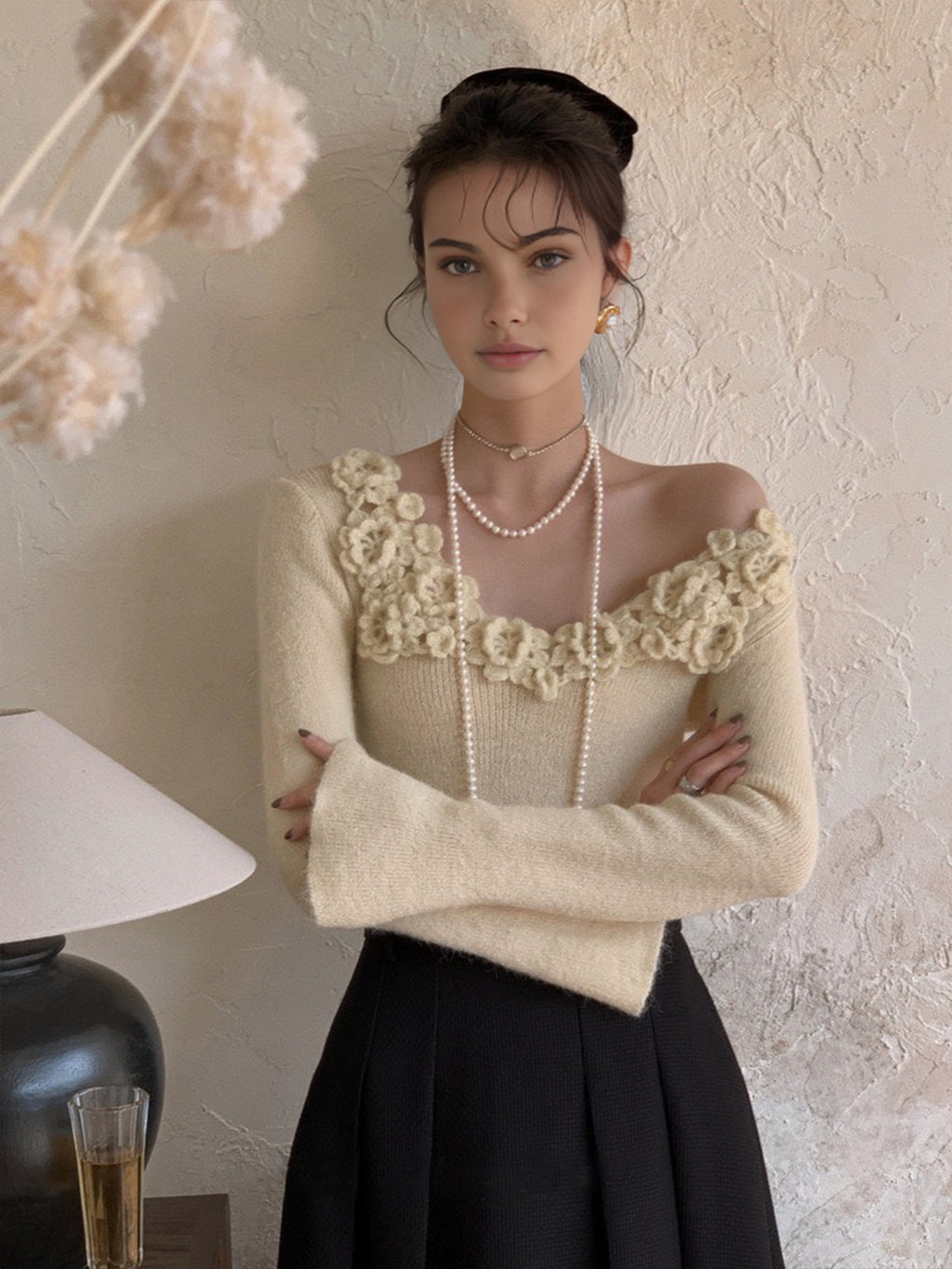 Çiçekli Yakalı Yivli Örgü Üst