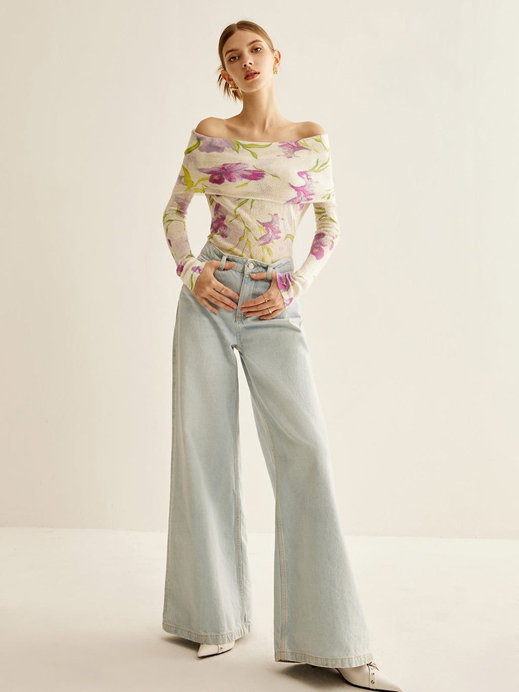 Romance Omuz Açık Baskılı Örgü Üst