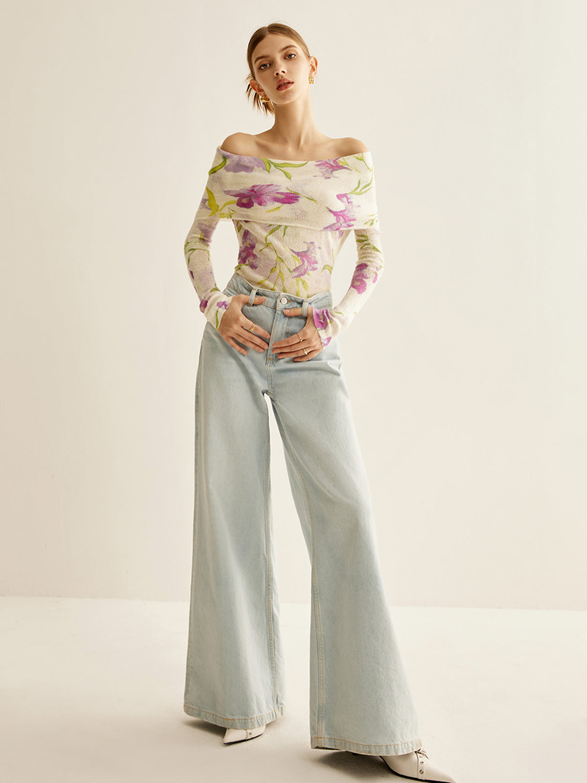 Romance Omuz Açık Baskılı Örgü Üst