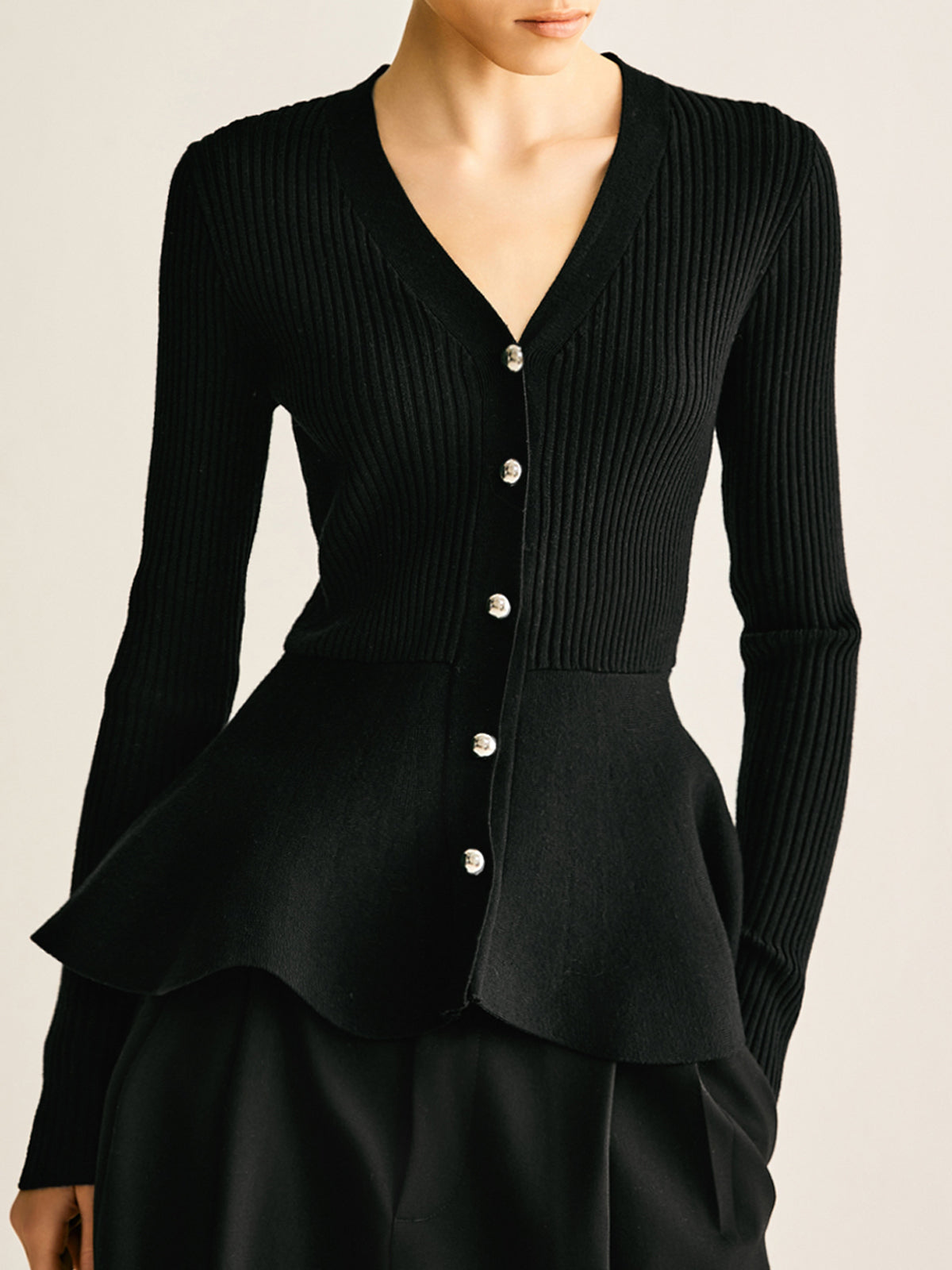 Büyük Boy Yivli Panel Tomurcuk Bel Düğmeli Örgü Üst