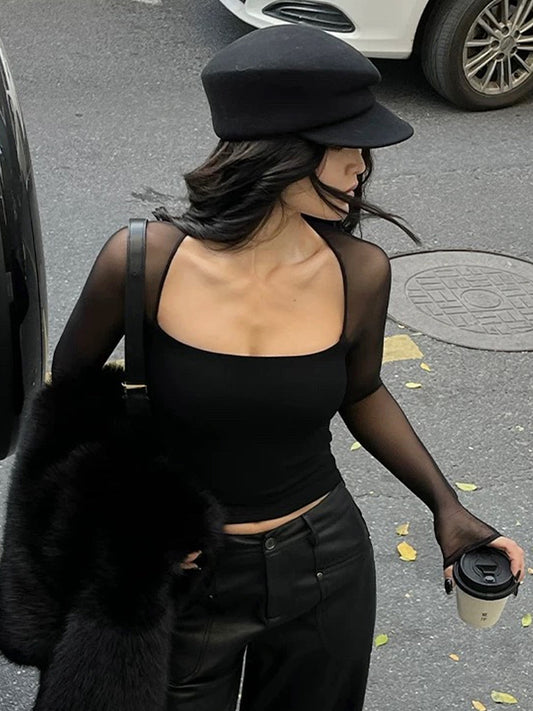 Kare Yaka Şeffaf Panel Kırpılmış Tişört