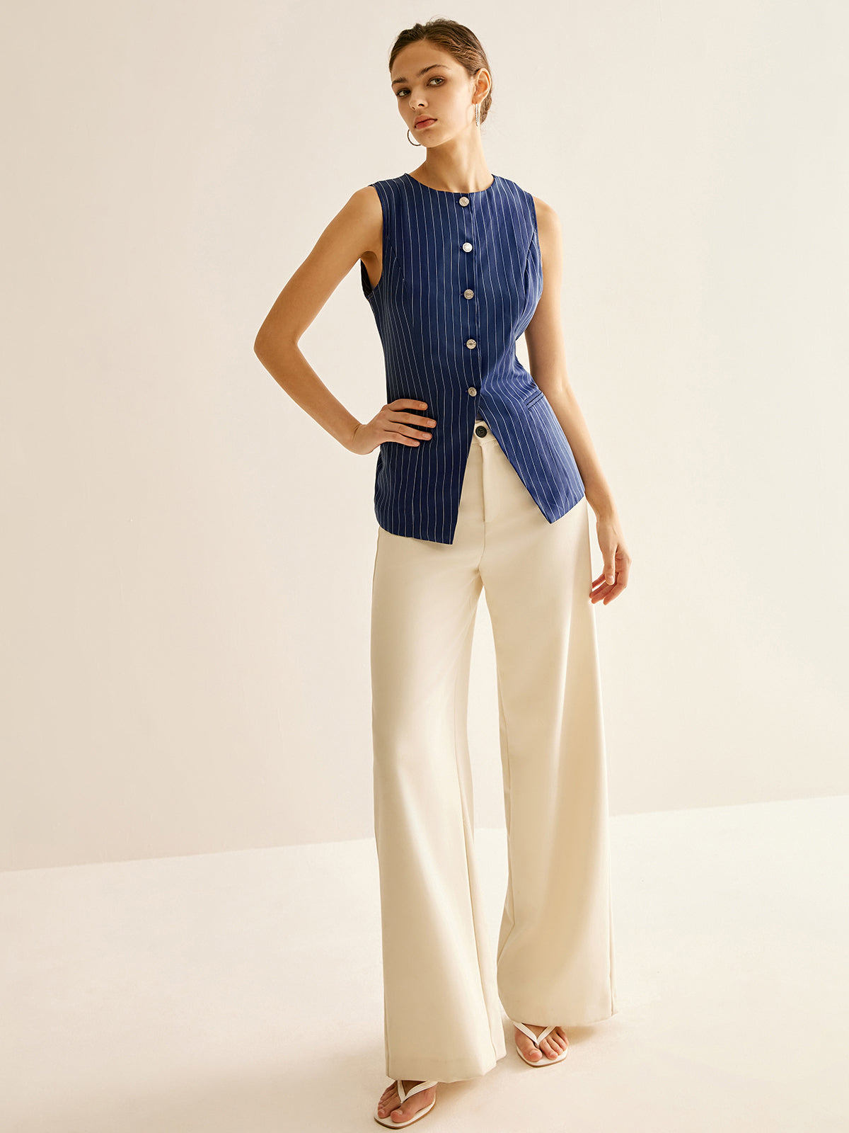 Pinstripe Düğmeli Kolsuz Gömlek