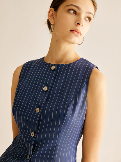 Pinstripe Düğmeli Kolsuz Gömlek
