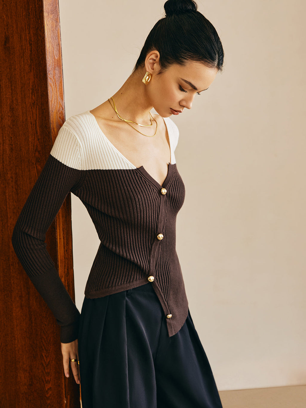 Asimetrik Renk Bloklu İnce Kazak